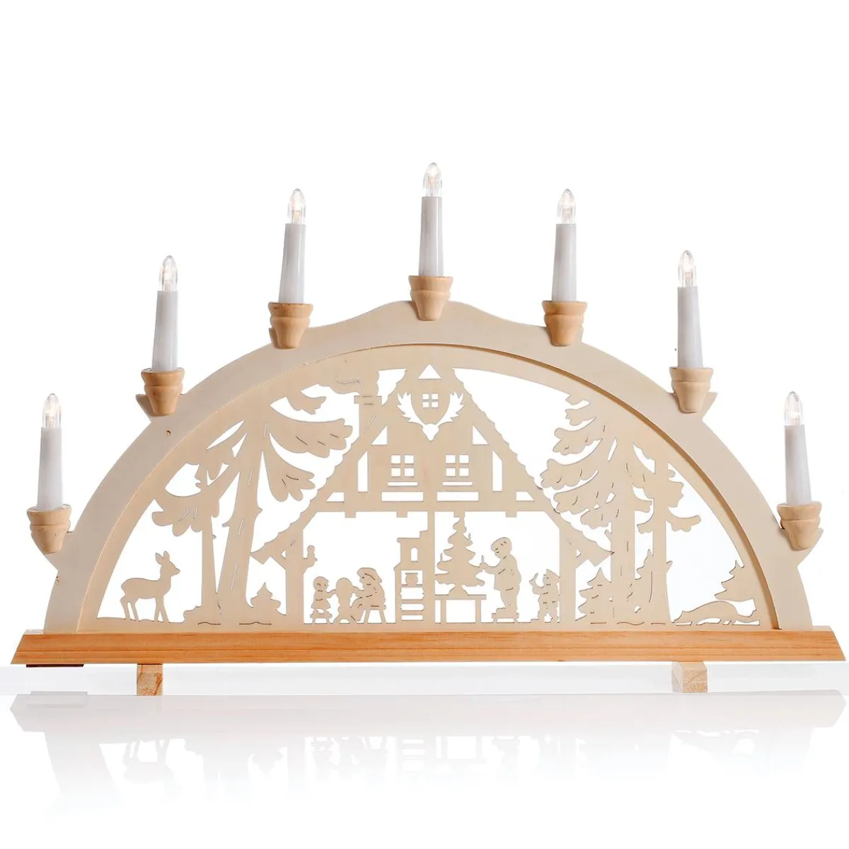 Luz Decorativa|Figuras De Navidad>DecoWoerner Arco De Vela "Cabaña Del Bosque" 7 Llamas De Madera 58 Cm blanco