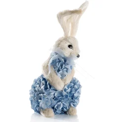 Decoración De Animales|Decoración De Pascua>DecoWoerner Conejo De Pascua Decorativo De Espuma Dura Y Sisal Con Vestido De Hortensias 30 Cm azul