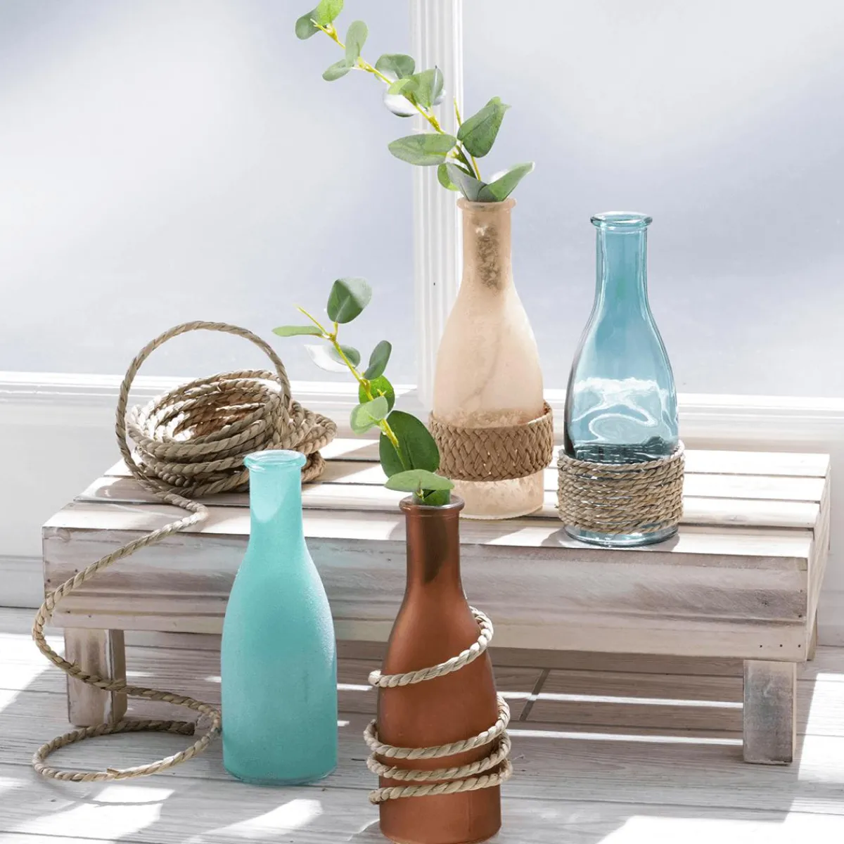 Decoración De Verano|Macetas Y Artículos De Decoración>DecoWoerner Juego De Jarrones De Vidrio De 18 Cm De Alto, 4 Piezas, Azul/beige multicolor