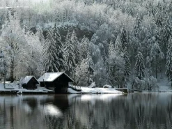 Bandera Xxl|Decoración De Invierno>DecoWoerner Lona XXL "Cabaña Nevada Junto Al Lago" De Lona De Camión Ignífuga 250 X 330 Cm blanco