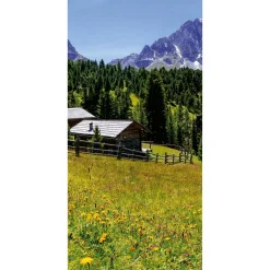 Decoración De Otoño|Decoración De Verano>DecoWoerner Pancarta De Tela Ignífuga "Pasto De Montaña Con Cabaña" De Tela De Bandera 100 X 200 Cm verde