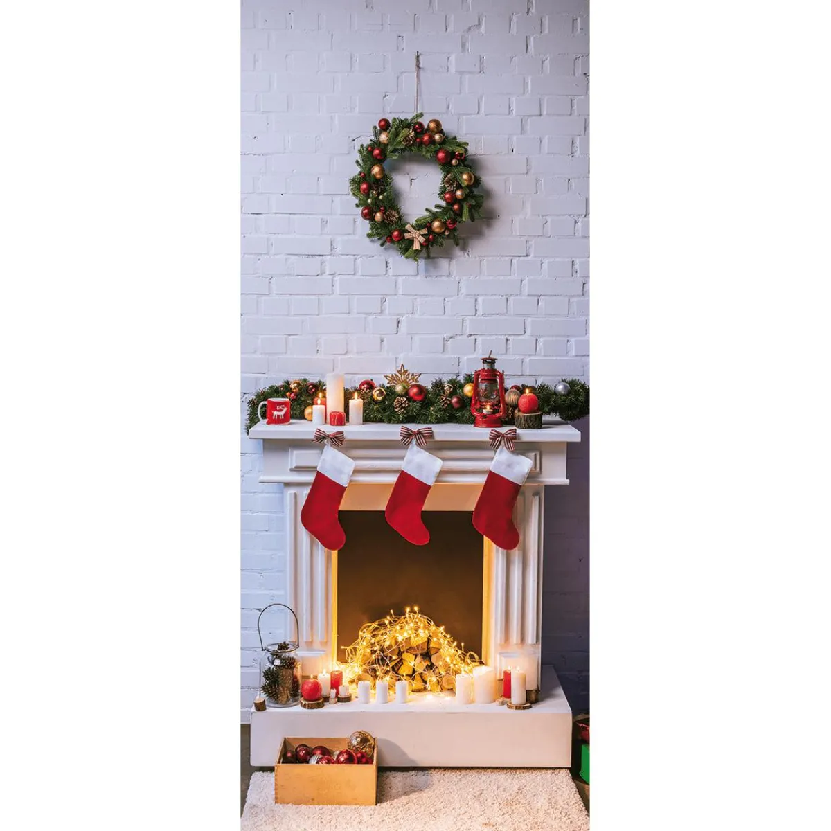 Pancartas De Navidad E Invierno|Bandera De Navidad>DecoWoerner Pancarta De Tela Ignífuga "Chimenea Y Corona De Navidad" De Tela De Bandera 75 X 180 Cm blanco