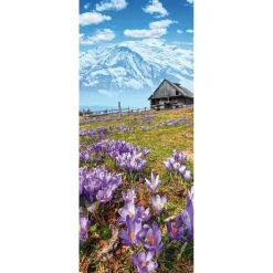 Decoración De Primavera|Pancartas De Primavera>DecoWoerner Pancarta De Tela Ignífuga "Cabaña Alpina, Montañas Y Azafranes Morados" De Tela De Bandera 75 X 180 Cm violeta