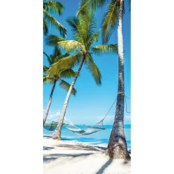 Decoración De Verano|Pancartas De Verano>DecoWoerner Pancarta De Tela Ignífuga "Hamaca Bajo Las Palmeras En Una Playa De Ensueño" De Tela De Bandera 100 X 200 Cm azul