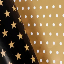 Papel De Regalo>DecoWoerner Papel De Regalo Navideño De Doble Cara Con Estrellas Y Puntos Negros Y Dorados - Rollo De Papel De Regalo De 50 M oro