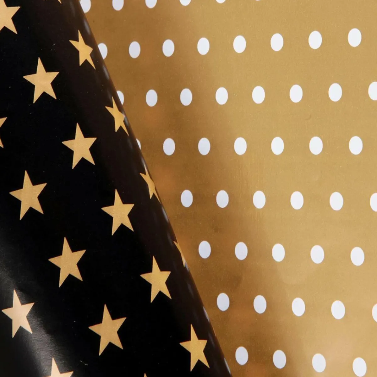 Papel De Regalo>DecoWoerner Papel De Regalo Navideño De Doble Cara Con Estrellas Y Puntos Negros Y Dorados - Rollo De Papel De Regalo De 50 M oro