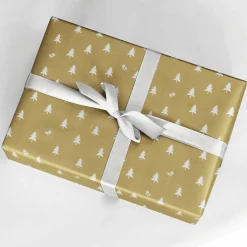 Papel De Regalo|Go Green - Envoltorio Para Regalo Ecológico>DecoWoerner Papel De Regalo Navideño Sostenible Y Dorado Con Abetos Blancos - Bobina De Papel De Regalo De 50 M oro