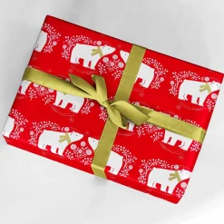 Papel De Regalo|Go Green - Envoltorio Para Regalo Ecológico>DecoWoerner Papel De Regalo Navideño Sostenible De Color Con Osos Polares Blancos - Bobina De Papel De Regalo De 50 M rojo