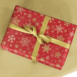 Papel De Regalo|Go Green - Envoltorio Para Regalo Ecológico>DecoWoerner Papel Kraft Reciclado Con Copos De Nieve Dorados - Bobina De Papel De Regalo Sostenible De 50 M rojo